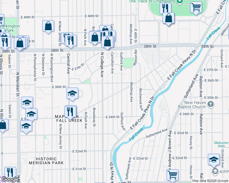 map of restaurants, bars, coffee shops, grocery stores, and more near 3531 Carrollton Avenue in Indianapolis