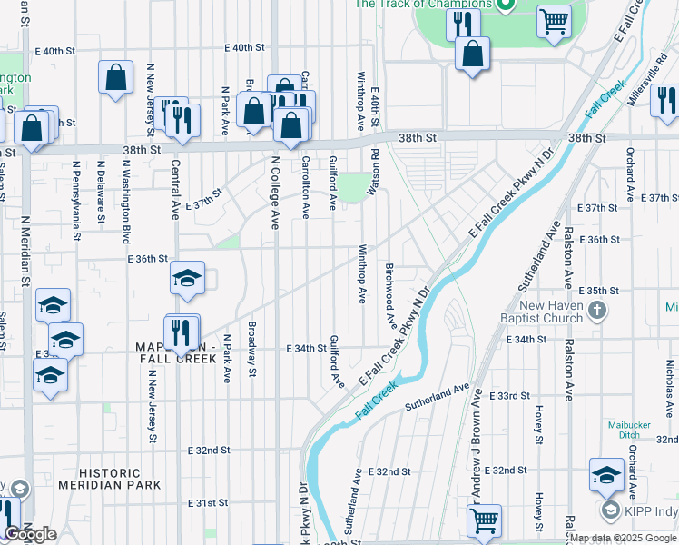 map of restaurants, bars, coffee shops, grocery stores, and more near 3531 Guilford Avenue in Indianapolis