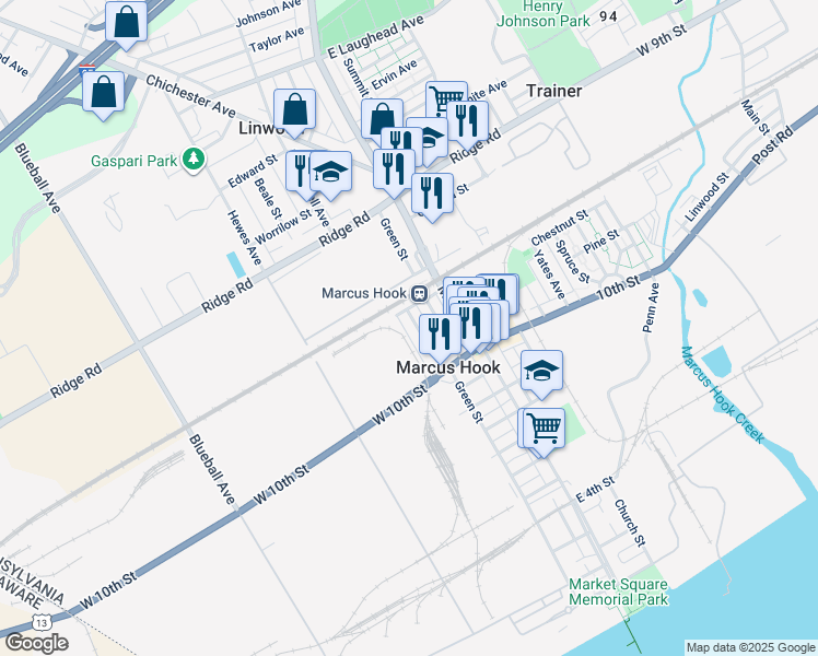 map of restaurants, bars, coffee shops, grocery stores, and more near 1124 Green Street in Marcus Hook