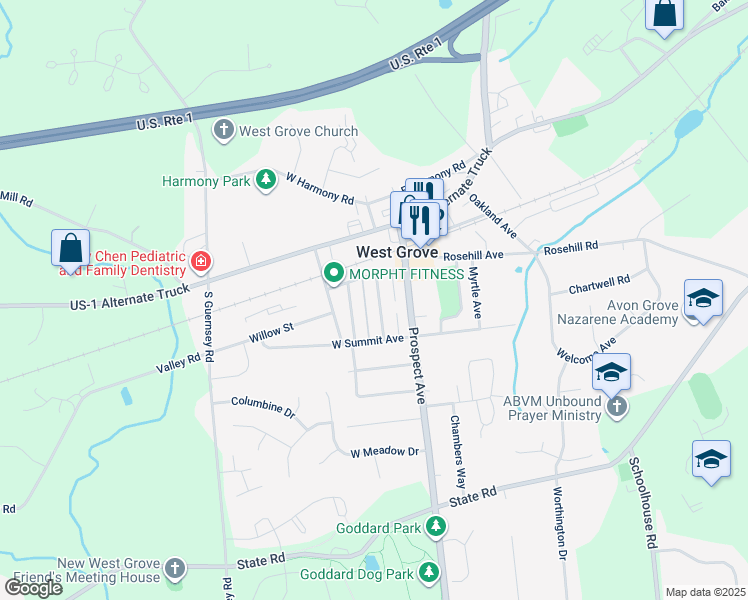 map of restaurants, bars, coffee shops, grocery stores, and more near 122 Jackson Avenue in West Grove