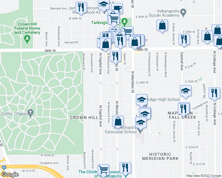 map of restaurants, bars, coffee shops, grocery stores, and more near 3539 North Kenwood Avenue in Indianapolis