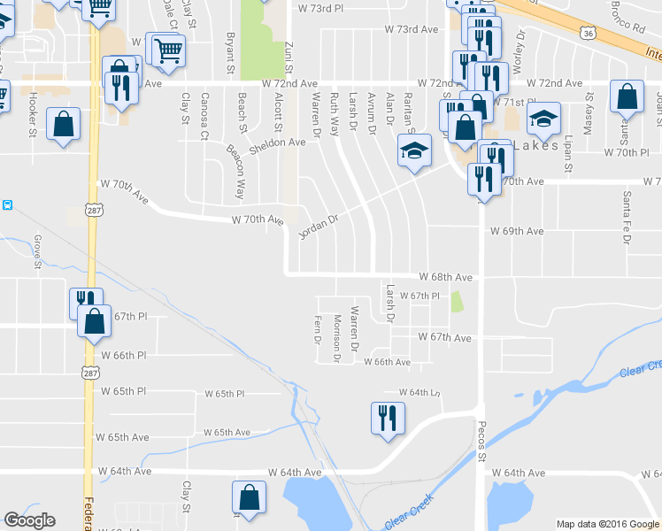 map of restaurants, bars, coffee shops, grocery stores, and more near 6811 Morrison Drive in Denver