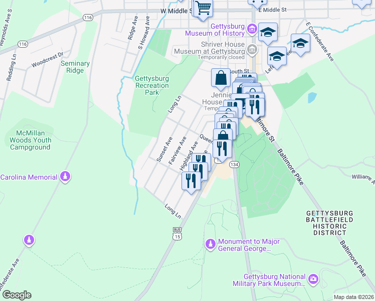 map of restaurants, bars, coffee shops, grocery stores, and more near 781 Highland Avenue in Gettysburg