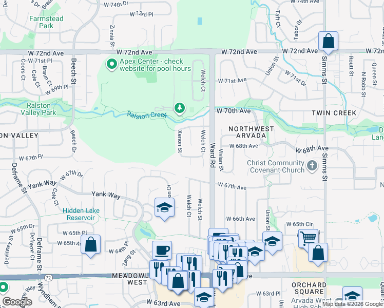 map of restaurants, bars, coffee shops, grocery stores, and more near 12463 West 68th Avenue in Arvada