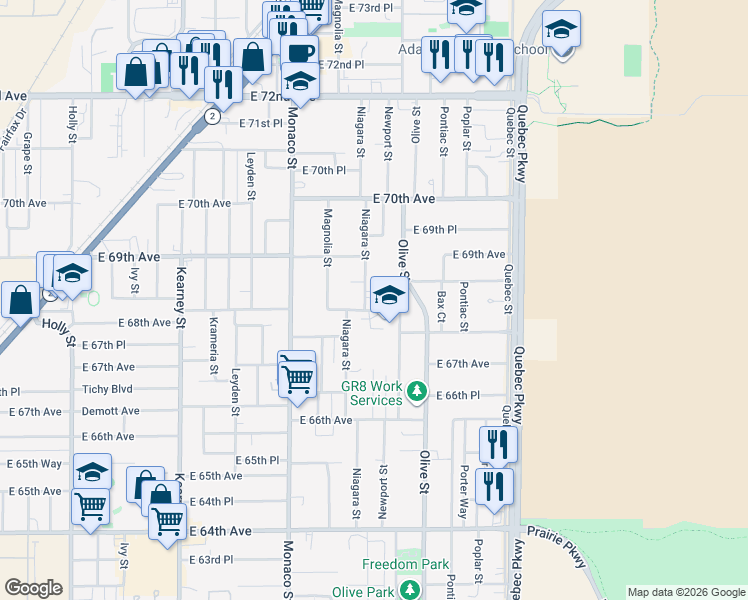 map of restaurants, bars, coffee shops, grocery stores, and more near 6861 East 68th Avenue in Commerce City