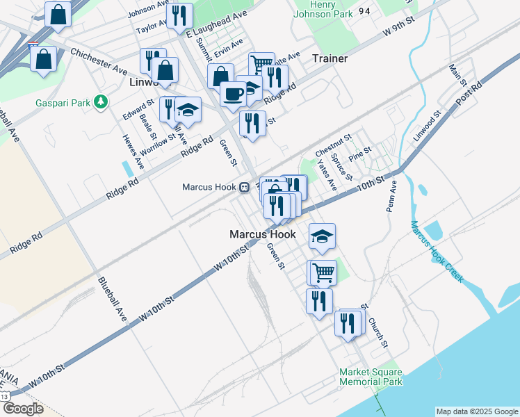 map of restaurants, bars, coffee shops, grocery stores, and more near 1103 11th Street in Marcus Hook