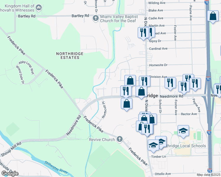 map of restaurants, bars, coffee shops, grocery stores, and more near 1701 Needmore Road in Dayton