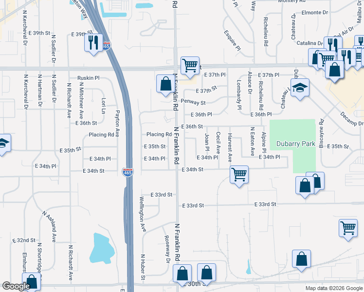 map of restaurants, bars, coffee shops, grocery stores, and more near 3514 Tiffany Drive in Indianapolis