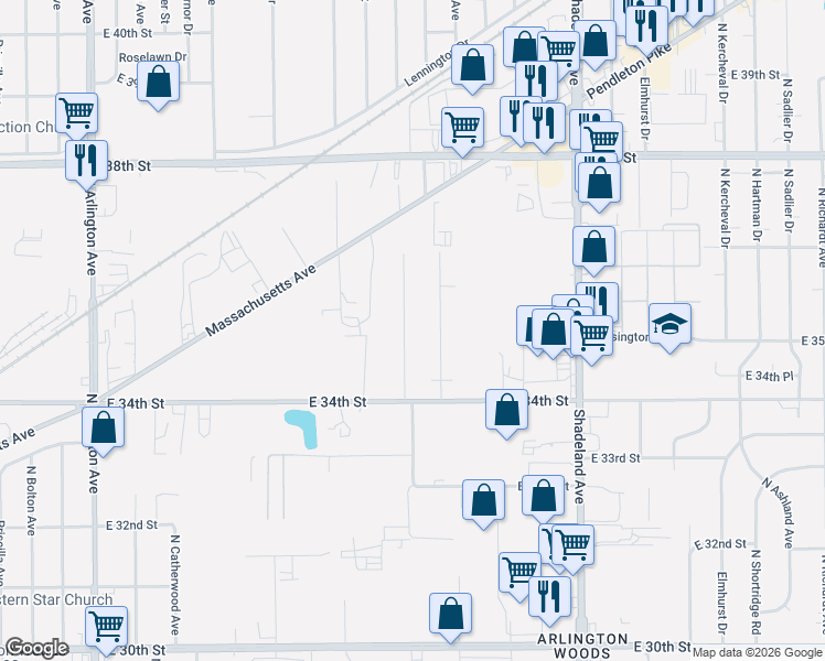 map of restaurants, bars, coffee shops, grocery stores, and more near 3449 North Elizabeth Street in Indianapolis