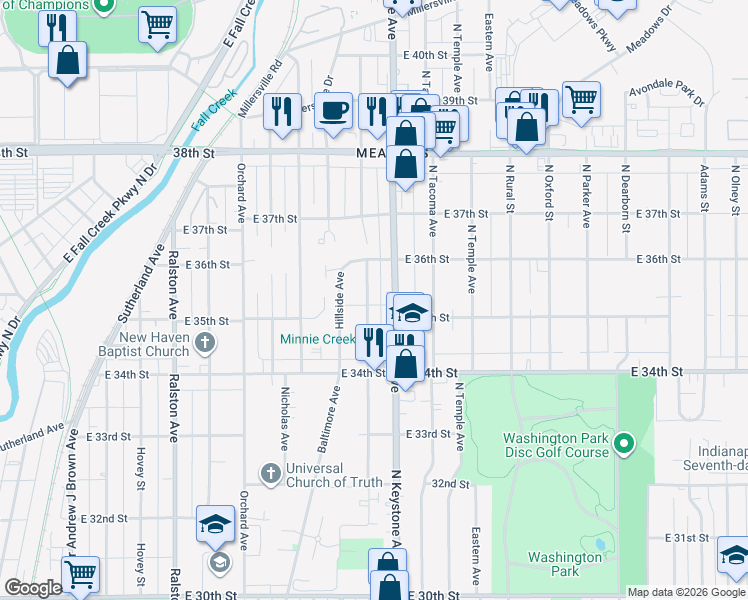 map of restaurants, bars, coffee shops, grocery stores, and more near 3505 Brouse Avenue in Indianapolis