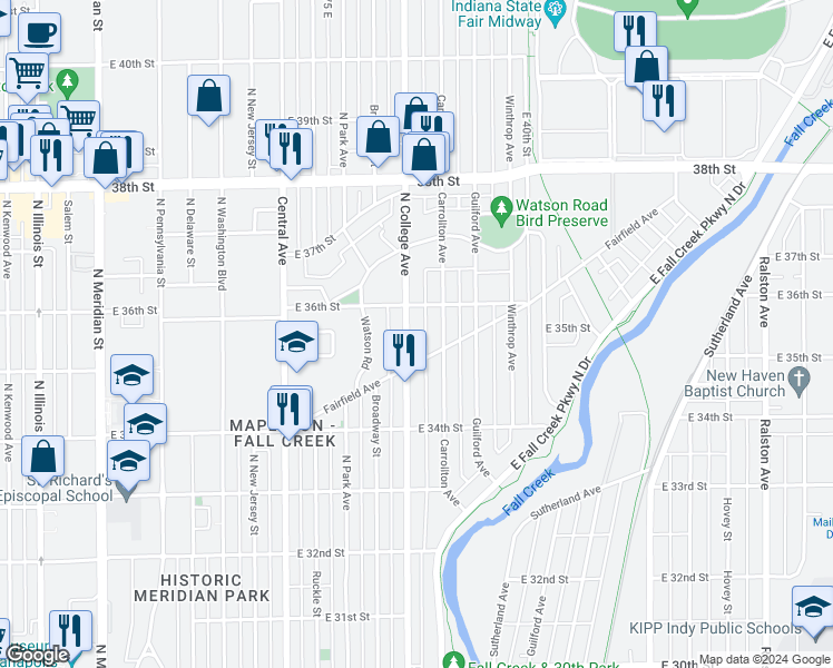 map of restaurants, bars, coffee shops, grocery stores, and more near 3534 North College Avenue in Indianapolis