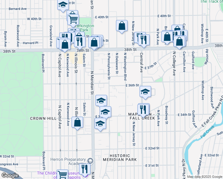 map of restaurants, bars, coffee shops, grocery stores, and more near 3543 North Pennsylvania Street in Indianapolis