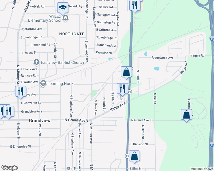 map of restaurants, bars, coffee shops, grocery stores, and more near 2798 East Keys Avenue in Grandview