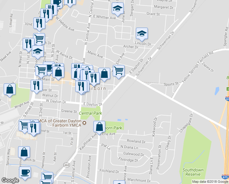map of restaurants, bars, coffee shops, grocery stores, and more near 284 East Dayton Drive in Fairborn