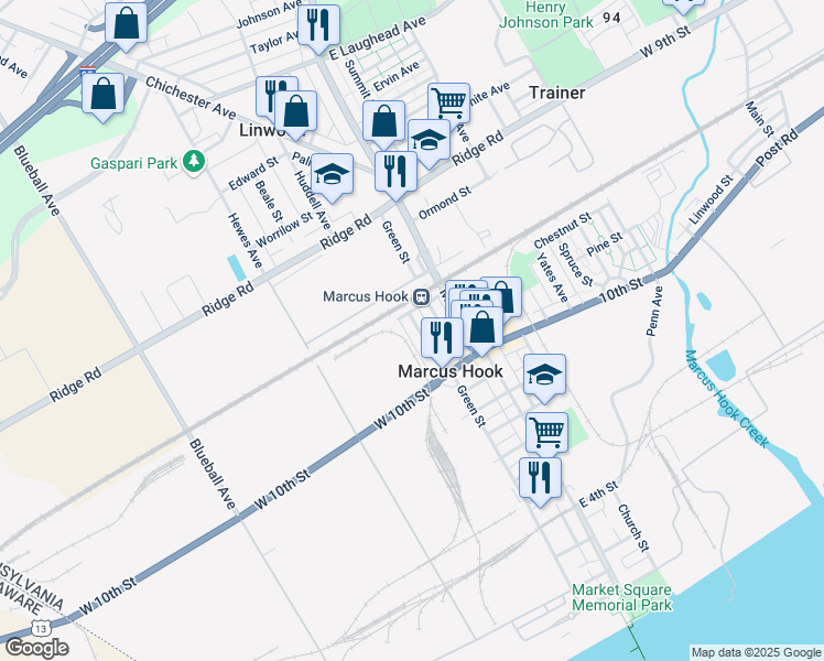 map of restaurants, bars, coffee shops, grocery stores, and more near 1124 Green Street in Marcus Hook