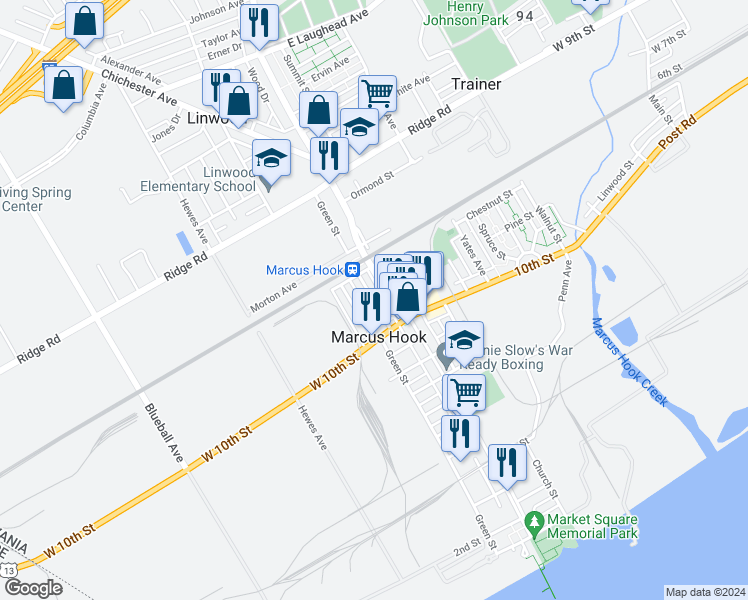map of restaurants, bars, coffee shops, grocery stores, and more near 1113 Washington Ave in Marcus Hook