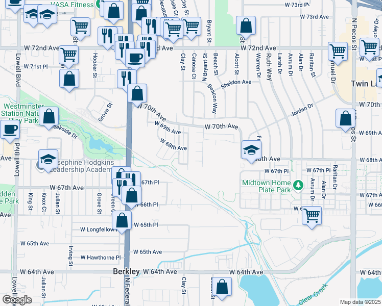 map of restaurants, bars, coffee shops, grocery stores, and more near 6770 Canosa Street in Denver