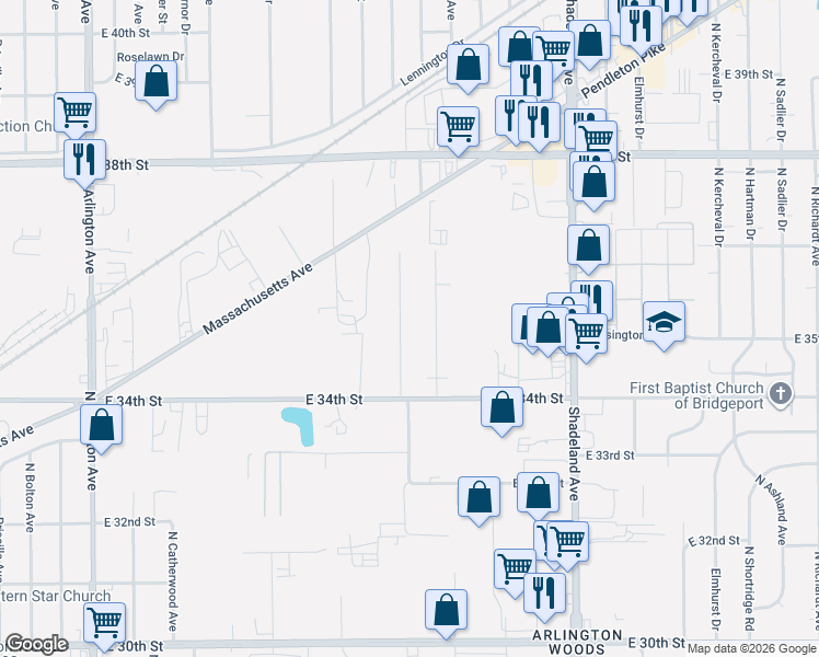 map of restaurants, bars, coffee shops, grocery stores, and more near 3449 North Elizabeth Street in Indianapolis