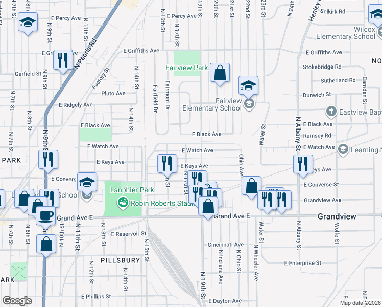 map of restaurants, bars, coffee shops, grocery stores, and more near 1708 East Watch Avenue in Springfield