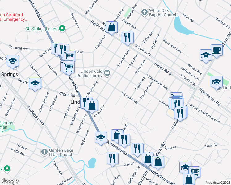 map of restaurants, bars, coffee shops, grocery stores, and more near 225 East Elm Avenue in Lindenwold