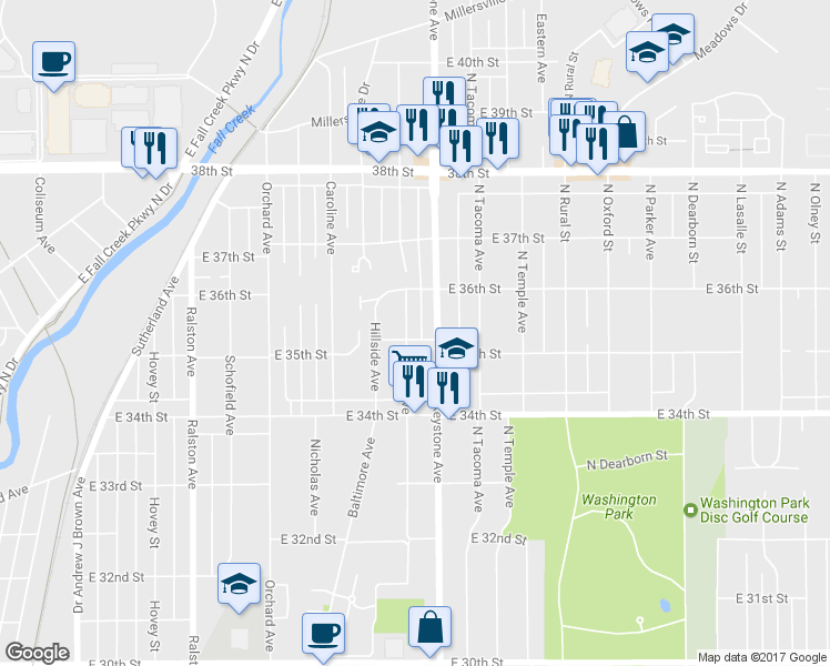 map of restaurants, bars, coffee shops, grocery stores, and more near 3505 Brouse Avenue in Indianapolis