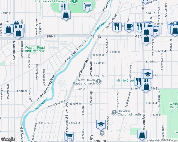 map of restaurants, bars, coffee shops, grocery stores, and more near 3512 Ralston Avenue in Indianapolis