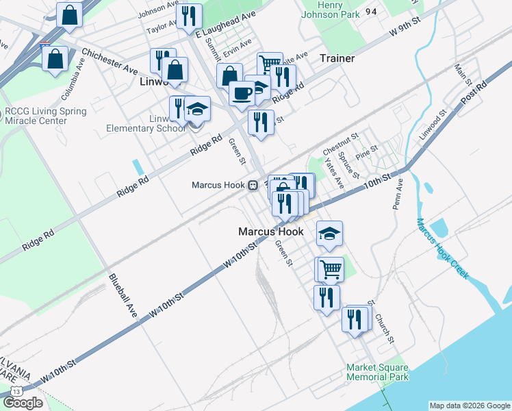 map of restaurants, bars, coffee shops, grocery stores, and more near 1124 Green Street in Marcus Hook