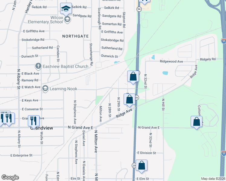 map of restaurants, bars, coffee shops, grocery stores, and more near 2798 East Keys Avenue in Grandview