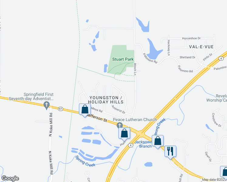 map of restaurants, bars, coffee shops, grocery stores, and more near 85 Amherst Drive in Springfield