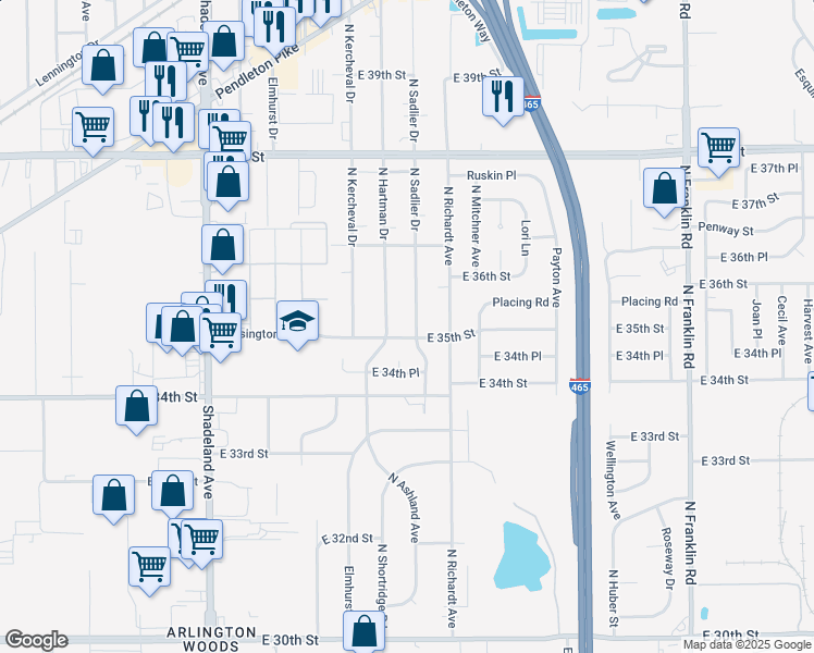 map of restaurants, bars, coffee shops, grocery stores, and more near 3608 North Sadlier Drive in Indianapolis