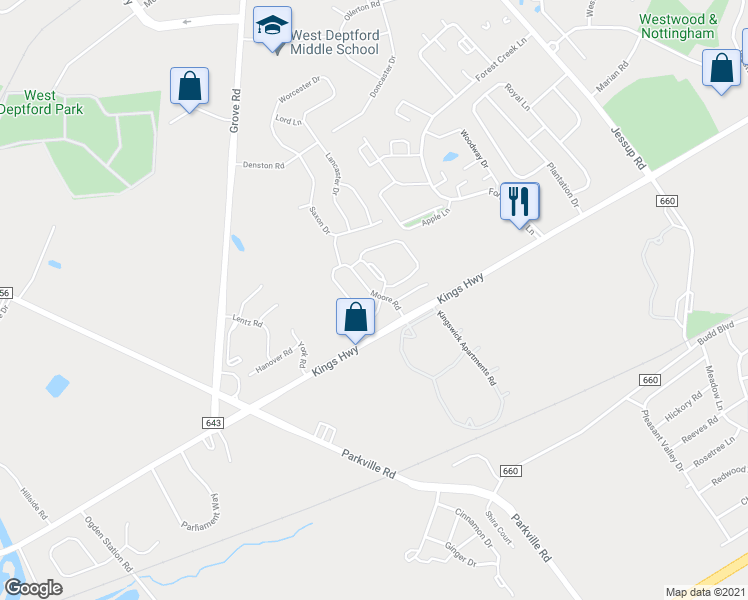 map of restaurants, bars, coffee shops, grocery stores, and more near 1000 Buckingham Drive in West Deptford