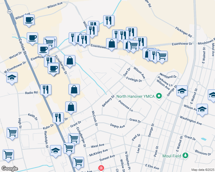 map of restaurants, bars, coffee shops, grocery stores, and more near 230 Primrose Lane in Hanover