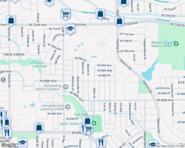map of restaurants, bars, coffee shops, grocery stores, and more near 6837 Miller Street in Arvada