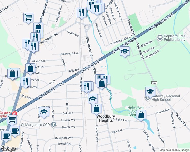 map of restaurants, bars, coffee shops, grocery stores, and more near 455 Glassboro Road in Woodbury Heights