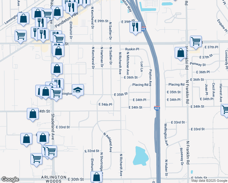 map of restaurants, bars, coffee shops, grocery stores, and more near 3605 North Sadlier Drive in Indianapolis