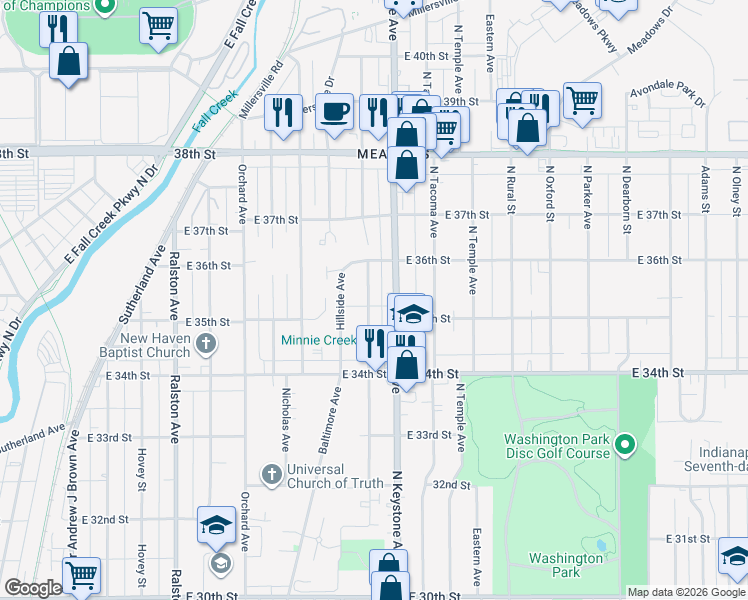 map of restaurants, bars, coffee shops, grocery stores, and more near 3505 Brouse Avenue in Indianapolis