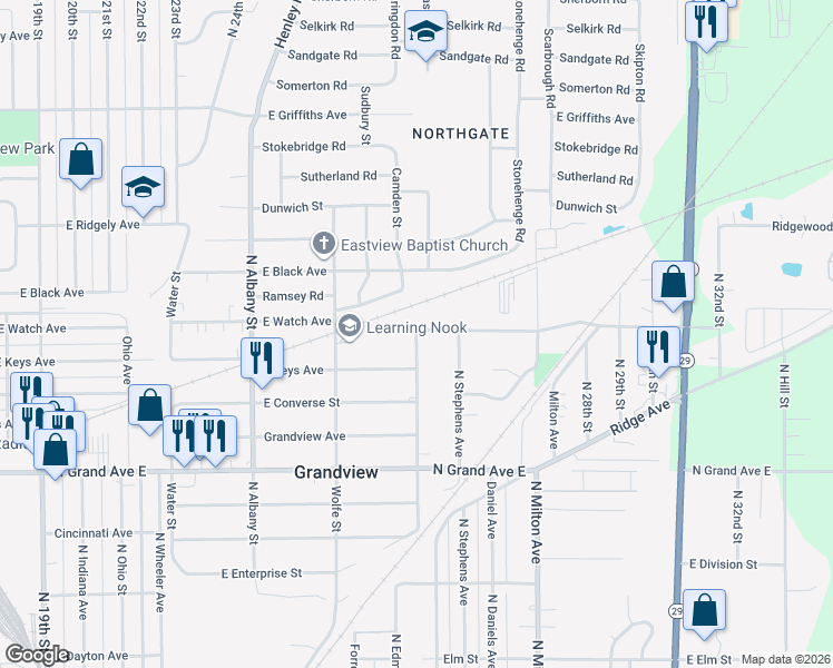 map of restaurants, bars, coffee shops, grocery stores, and more near 1698 North Wesley Street in Grandview
