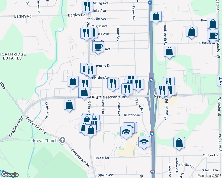 map of restaurants, bars, coffee shops, grocery stores, and more near 2124 Marker Avenue in Dayton