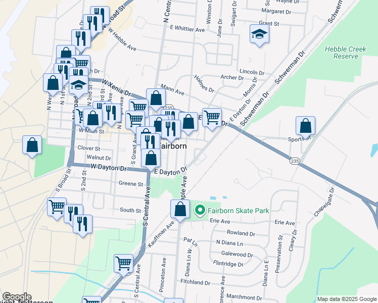 map of restaurants, bars, coffee shops, grocery stores, and more near 24 South Maple Avenue in Fairborn