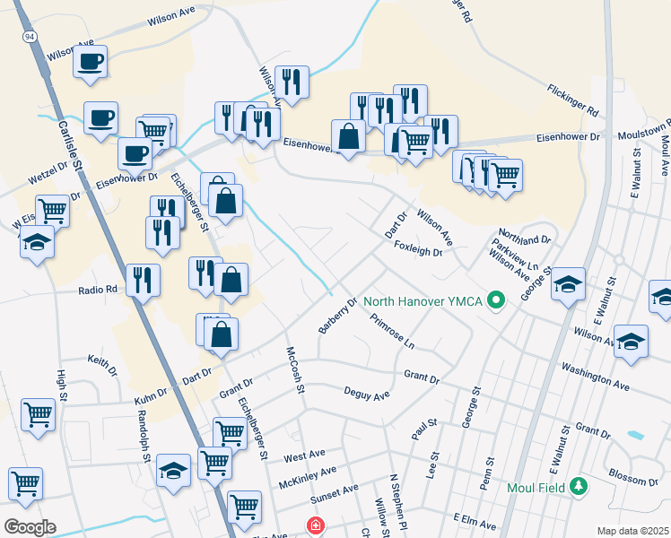 map of restaurants, bars, coffee shops, grocery stores, and more near 230 Primrose Lane in Hanover