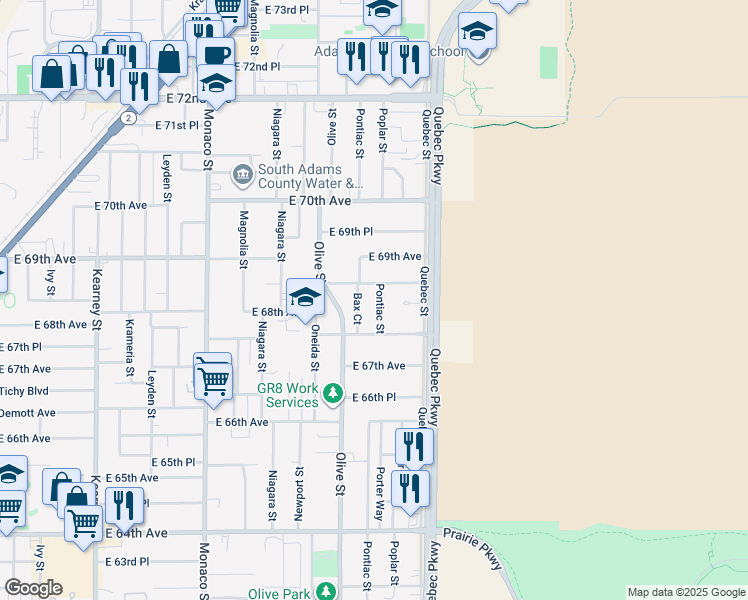 map of restaurants, bars, coffee shops, grocery stores, and more near 6821 Pontiac Street in Commerce City