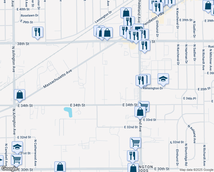 map of restaurants, bars, coffee shops, grocery stores, and more near 3449 North Edmondson Avenue in Indianapolis
