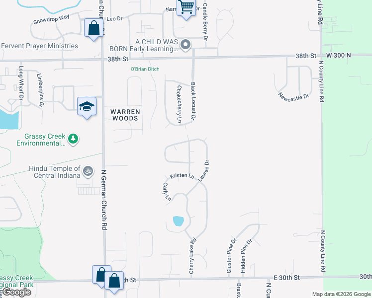 map of restaurants, bars, coffee shops, grocery stores, and more near 3440 Cherry Lake Road in Indianapolis