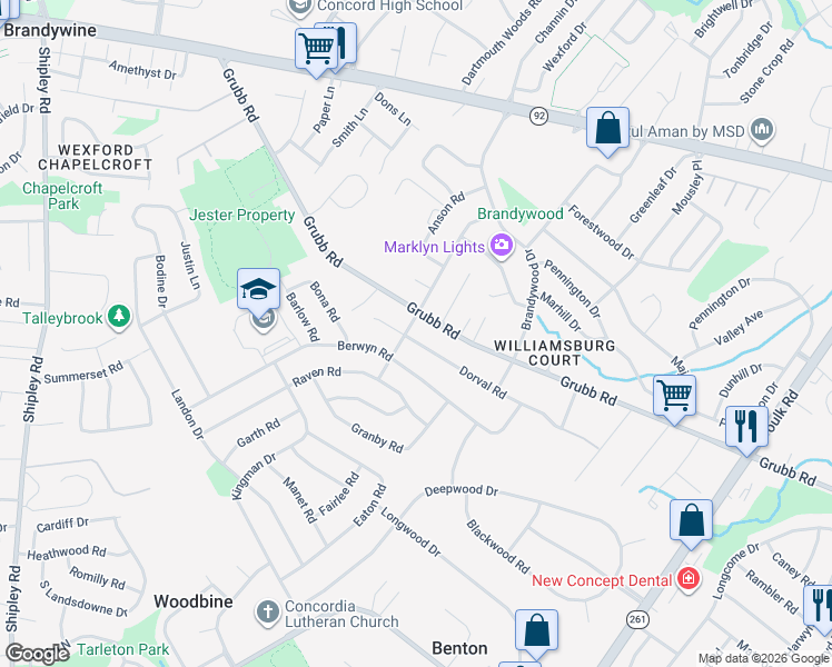 map of restaurants, bars, coffee shops, grocery stores, and more near 2421 Dorval Road in Wilmington