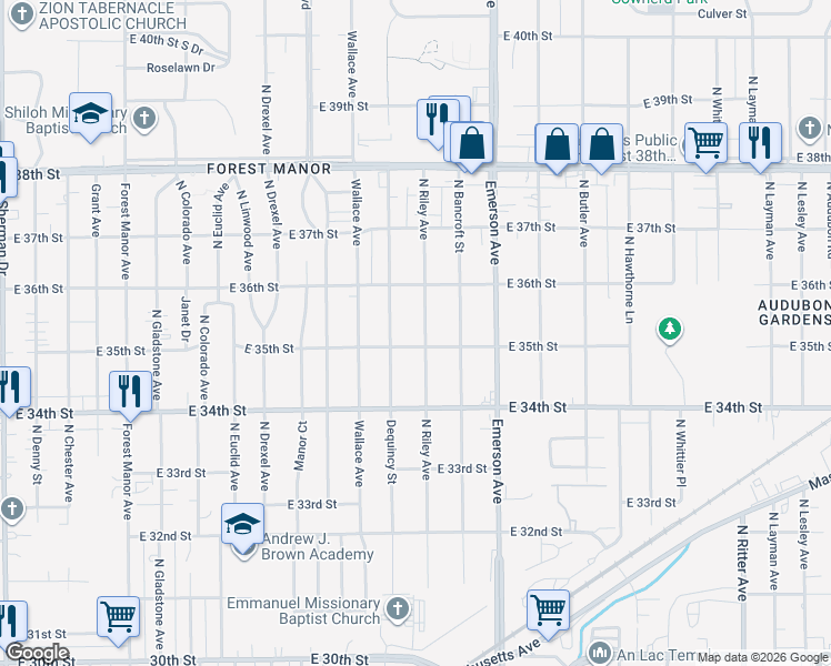 map of restaurants, bars, coffee shops, grocery stores, and more near 3514 North Riley Avenue in Indianapolis