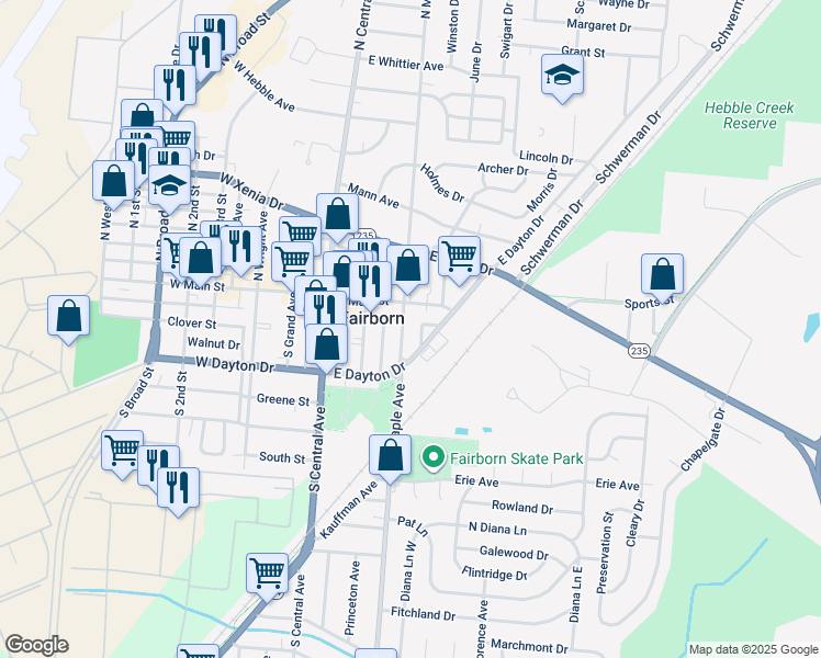 map of restaurants, bars, coffee shops, grocery stores, and more near 24 South Maple Avenue in Fairborn