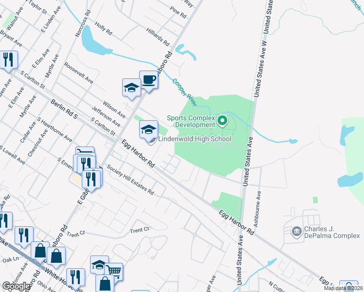 map of restaurants, bars, coffee shops, grocery stores, and more near 199 Colonial Square Place in Lindenwold