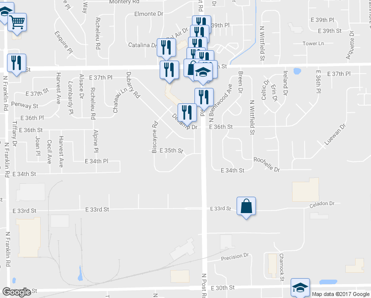 map of restaurants, bars, coffee shops, grocery stores, and more near 8902 East 35th Street in Indianapolis