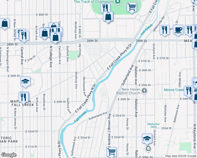 map of restaurants, bars, coffee shops, grocery stores, and more near 3496 East Fall Creek Parkway North Drive in Indianapolis