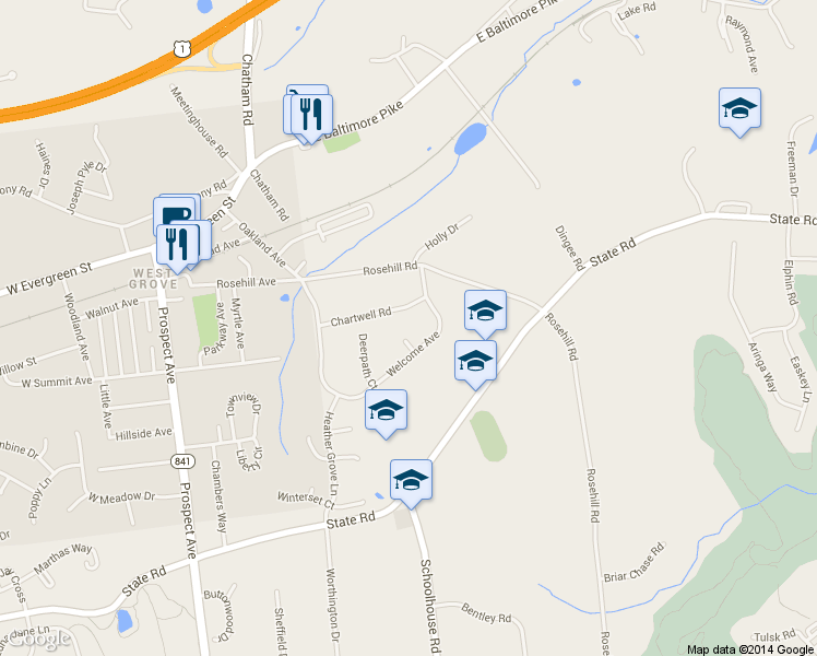 map of restaurants, bars, coffee shops, grocery stores, and more near 6 Arbor Court in West Grove
